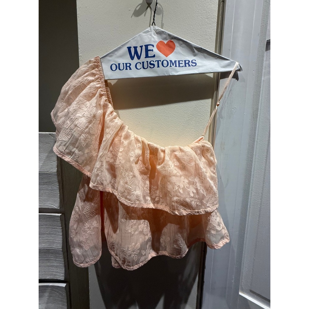 Urban Outfitters One Shoulder Ruffle Floral Jacquard Top Peach Small S